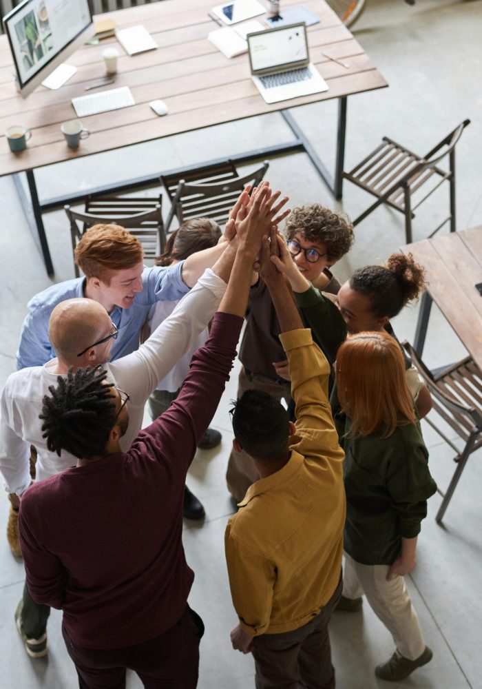 pexels-photo-3184433-3184433 A diverse group of professionals high-fiving in a modern office, showcasing teamwork and collaboration.